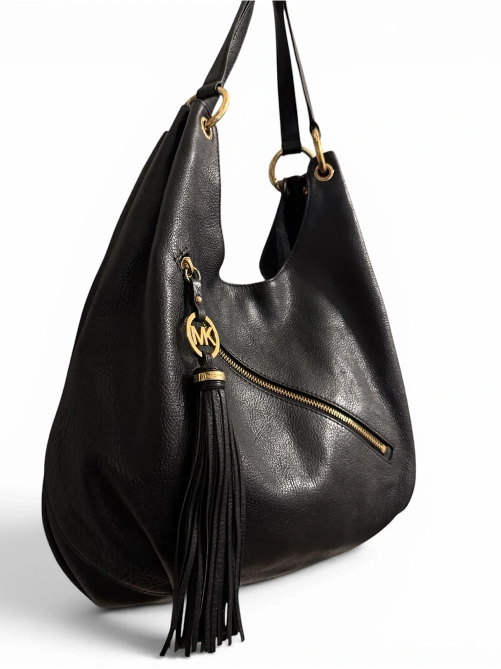 MICHAEL MICHAEL KORS Large  Black Pebble Leather Charm Tassel Hobo Shoulder Bag